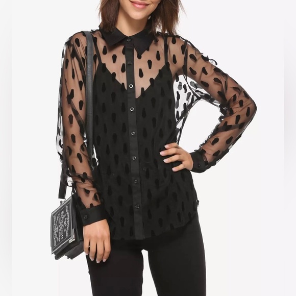 Hot Topic Black Flocked Coffin Sheer Long Sleeve Button Up Size Large - Picture 2 of 14